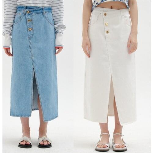 New Womens Split Denim Midi Skirt 2021 Early Autumn Solid Color Cotton Ladies High Waist A-Line Fashion Long Jupe with Buttons