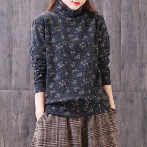Vintage Women T Shirts Oversize Autumn Winter Floral Print Long Sleeve T Shirt Oversize Femme Turtleneck Tops Women 2021 AA4495