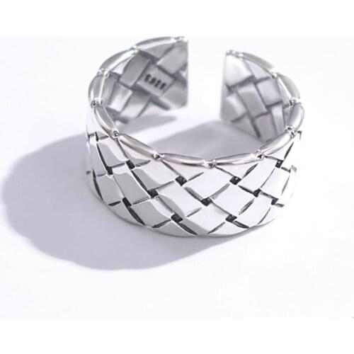 Sole Memory Geometric Retro Woven Mesh 925 Sterling Silver Female Resizable Opening Rings SRI930