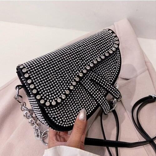 PU Leather Women Luxury Designer Handbags 2021 Girl Shopper Fashion New High Quality Rhinestone Chain Saddle Bags Messenger Bags