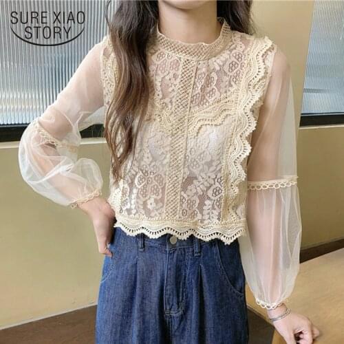 New Arrival Lace Mesh Top Flower Lantern Sleeve Loose Retro Short Pullover Blouses Shirts Women Fashion Cute Voile Suits 12024