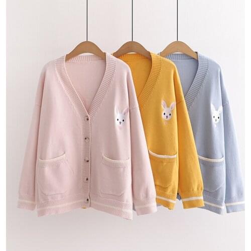 2021 Winter Rabbit Embroidery Women Cardigan Warm Single Breasted Knit Sweater Jacket Coat Girl Sweet Basic Warm Soft Knitwear
