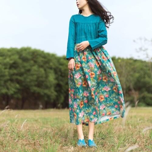 QPFJQD Ladies Linen Patchwork Dress Wrinkle Spliced Women Print Floral Dresses 2021 Autumn Summer