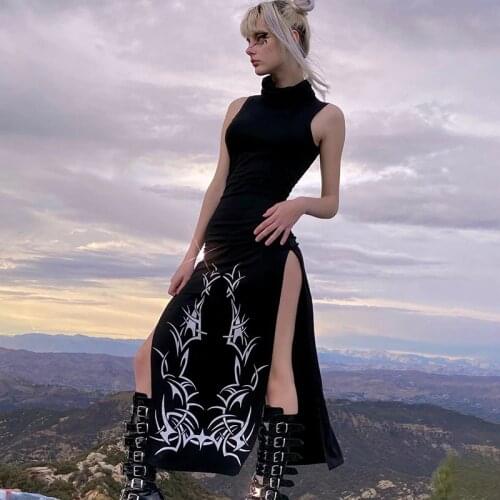Gothic Printed High Split Turtleneck Y2k Dress Women Chic 2021Punk Summer Sleeveless Bodycon Sundress Female Party Maxi Dresses
