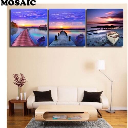 3pcs New 5D Diamond Cross Stitch Embroidery Full Needlework Diy Diamond Painting Kit Black and white style Ocean Sunset Scenery