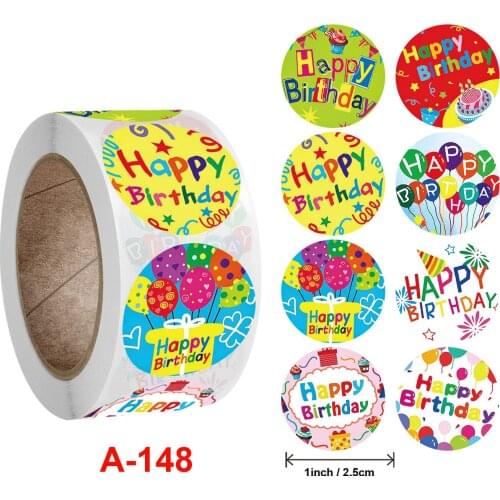 500pcs Round Colorful 8 Patterns Happy Birthday Stickers 1Inch for Children' Party Holiday Gift Decor Greeting Card Tag Labels