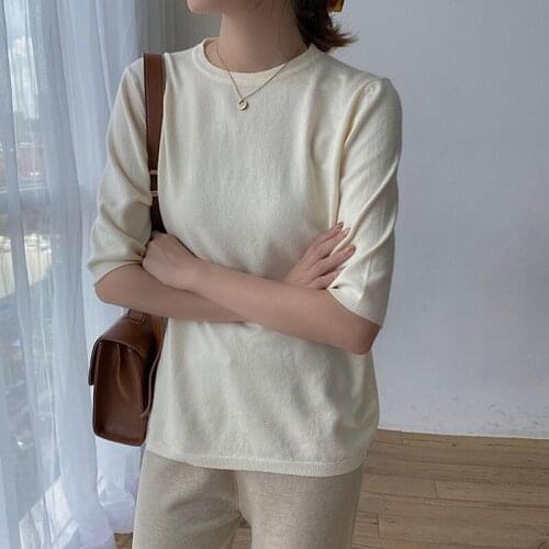 Apricot Korean Style Tshirt For Women Half Sleeve O Neck Kintted Femme T-shirts 2021 Summer Slim Casual Camiseta Mujer Tees Tops