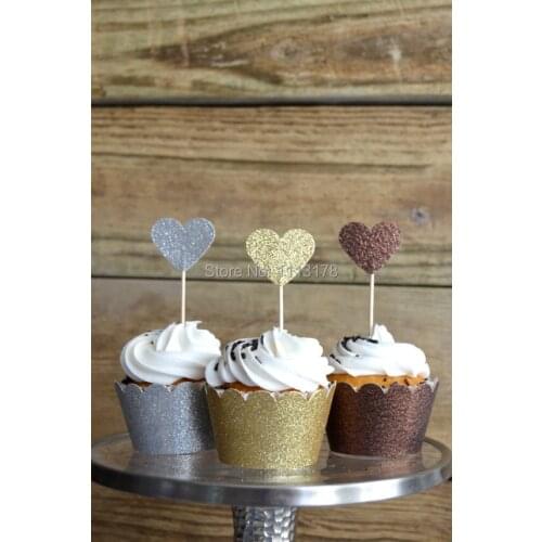 Free shipping heart cupcake wrapper topper Gold, Silver and Bronze Glitter Cupcake Wrappers and toppers
