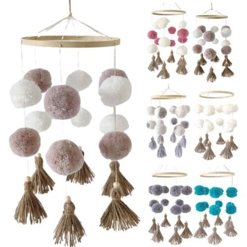 Rotating Wood Baby Crib Rattles with Pompon Visually Appealing Crib Mobiles Rattle for Home Child 0-12 Education