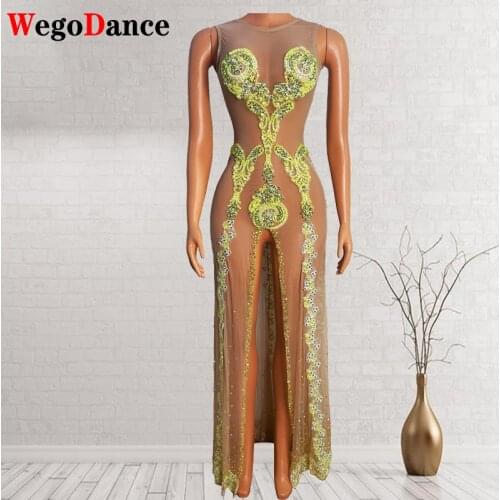 New Style Yellow Rhinestone Split Transparent Long Dress Birthday Celebrate Evening Mesh Clothes Prom Dancer Show Dresses