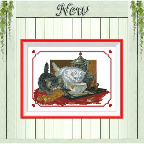 The two tea drinking cats painting cartoon Counted Print on canvas DMC 11CT 14CT Cross Stitch kits Needlework Set embroidery