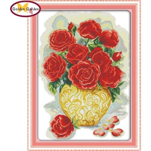 GG Beautiful Roses Cross Stitch Pattern 11CT 14CT Cotton Fabric Handicraft Cross Stitch Embroidery Needlework Kit for Home Decor