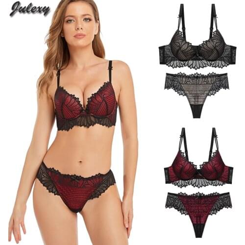 Julexy New Sexy Lace Hollow Out Women Bra Panties Set Push Up Underwear Bra and Thong Set Lingerie Bra Briefs