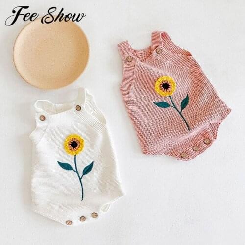 Newborn Baby Girl One-Piece Knit Romper Bodysuit Sweater Sunflower Knitted Suspender Jumpsuit Cotton Sleeveless Overall Clothes