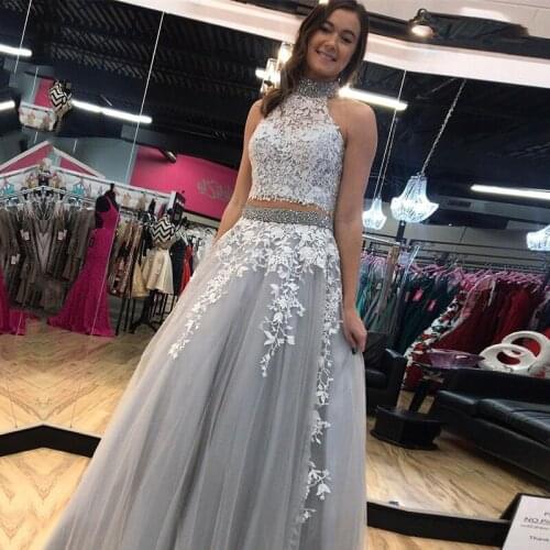 Two Piece Prom Dresses High Neck Appliques Lace Beaded with Rhinestones A-Line Silver Evening Gown Party Dress for Graduation