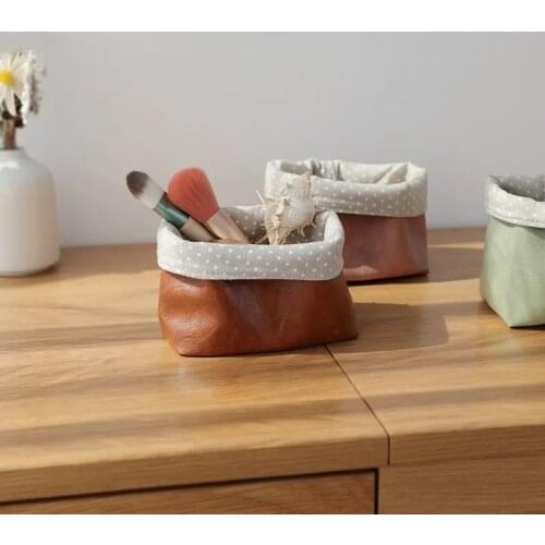 Leather pen holder cosmetic brush storage basket creative desktop remote control key storage bag simple debris storage box
