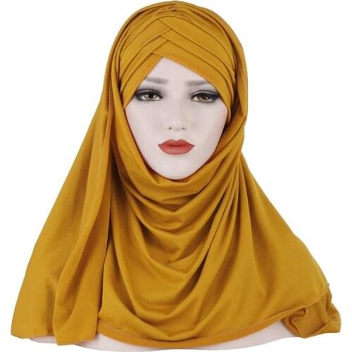 Criss Cross Muslim Scarf Hijabs Solid Color Cotton Blend Women Headwrap Jersey Turban Headscarf Headband on The Head Hair Cap