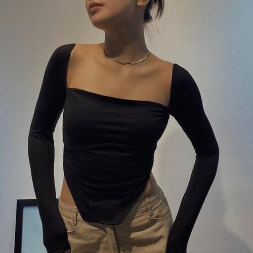 Hot kf-Womens Low Cut French Square Neck Halter Slim Hollow Black