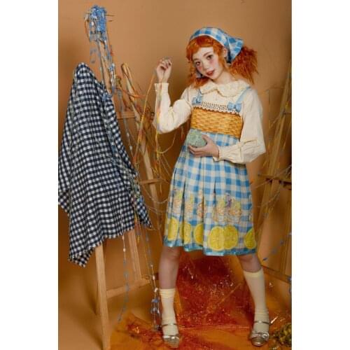Lemon Basket Swam Womens JSK Lolita Dress Bows Sleeveless Cute Blue Plaid Checks One Piece