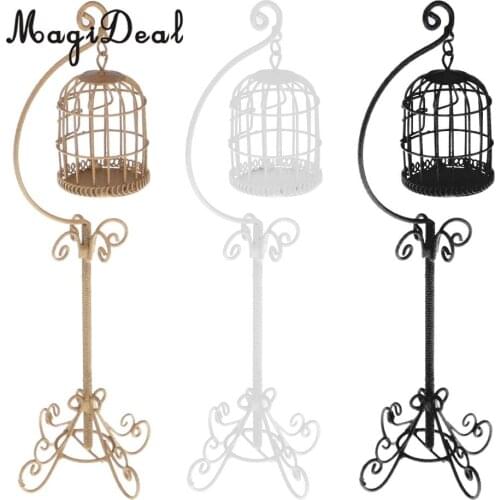 1:12 Scale Dollhouse Miniature Black Metal Bird Cage with Holder Stand for Dolls House Garden Yard Living Room Furniture Decor