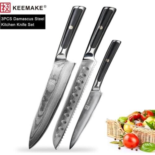 KEEMAKE Premium Chef Bread Utility Knife Damascus Japanese VG10 Steel Sharp Meat Cutting Tool G10 Handle 3PCS Kitchen Knives Set