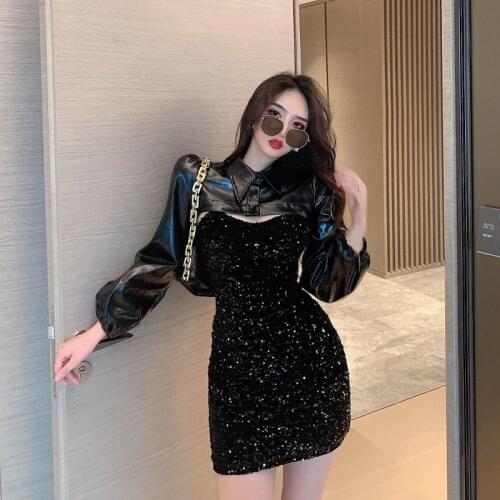 2021 Autumn Stand-up Collar Handsome Small Leather Sequin Puff Sleeves Short Temperament Leather Short Sling Dress Suit Female