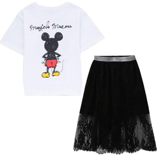 Mother and daughter dress Cartoon T-shirt lace dress suit Childrens summer foreign parent-child suit Cutout dress suit