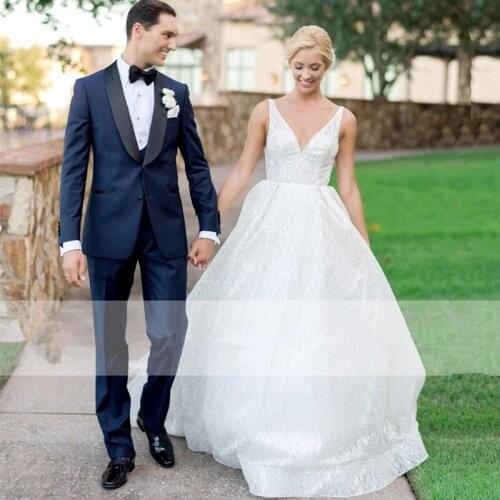 Beach Glitter Wedding Dress v neck Party Bridal Dresses vestido de noiva gelinlik Arabic mariee shiny Bridal Gowns
