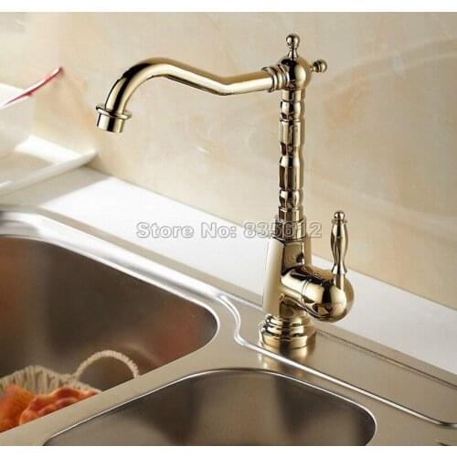 Contemporary Luxury Gold Color Brass Swivel Spout Kitchen Sink Mixer Tap Single Hole Deck Mounted Vessel Sink Faucets Wgf056