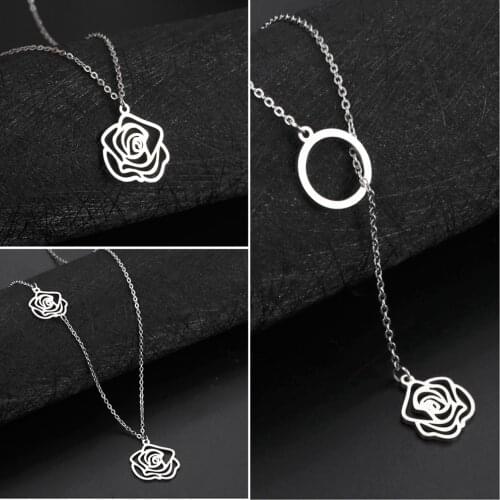 Teamer Stainless Steel Womens Necklace Flower Rose Pendant Necklace Adjustable Chain Choker Lovely Wedding Jewelry Mother Gifts