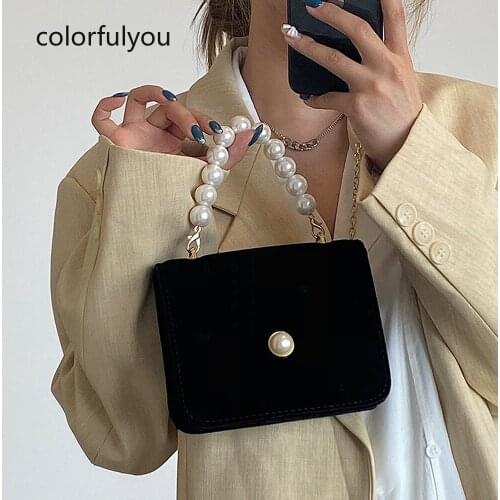 Vintage Velvet Handbag Women Pearl Handle Tote Bags Small Shoulder Bag Fashion Ladies Chain Shoulder Bag Black Purse 2021 New