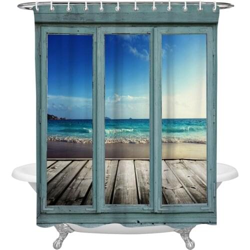 Waterproof Shower Curtains Windows Sea Beach Blue Sky White Clouds Shower Curtain Frabic Polyester Bathroom decor Curtain