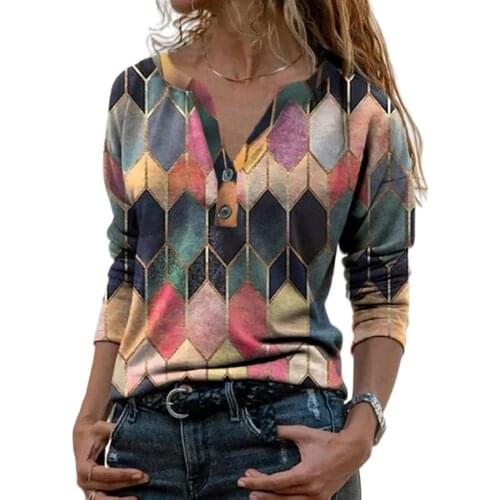 2021 Women shirts Tops Retro Geometric Print Buttons Top Pullover V Neck Long Sleeve Loose T-shirt Spring Autumn Plus Sizes