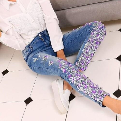 Handmade Quality Beading Colorful Diamond Women Jeans Fashion Elastic Slim Ripped Mid Waist Denim Pencil Pants Summer Jeans 30