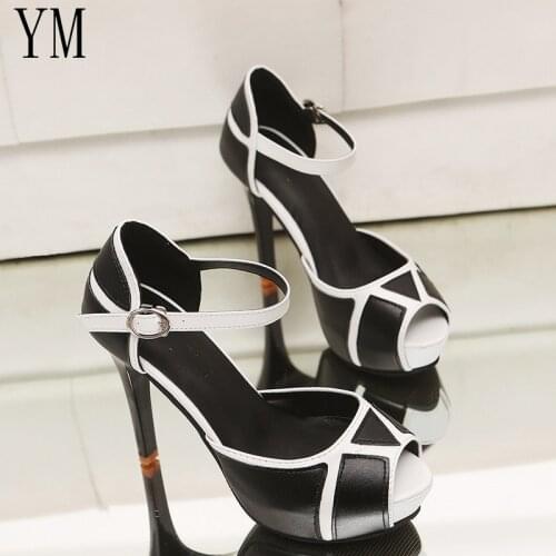 01Summer Hollow Buckle Platform Womens Shoes Patchwork Eur/American Fight Color Peep Toe Fine With High Heels Young Daily Shoes