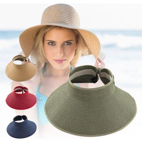 Women Summer Foldable Straw Sun Visor with Cute Bowtie Beach Daily Holiday Hat -OPK