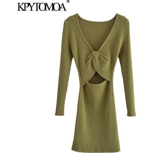 KPYTOMOA Women 2021 Fashion With Knot Hollow Out Fitted Knit Mini Dress Vintage V Neck Long Sleeve Female Dresses Vestidos Mujer