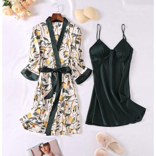 Spring Summer Flower Print 2PCS Robe Suit Women Casual Satin Bathrobe Sexy V-Neck Backless Nightdress Chest Intimate Home Dress