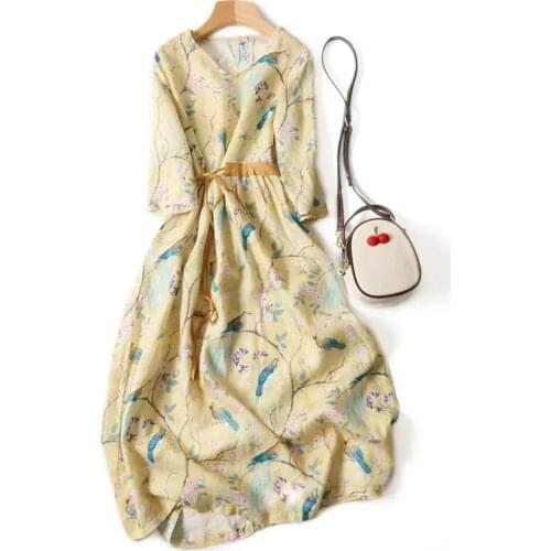 2021 Spring Autumn New Women Fake Linen Dresses V-Neck Waist Thin Print Slim Floral Female Long Sleeve Dresses AD2020