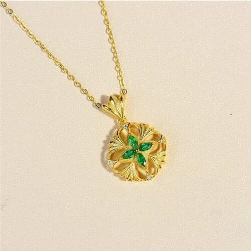 925 Silver Clover Nature Emerald Pendant Necklace 18K Yellow Gold Plated Brilliant Cut VVS1 Grade 3*6mm Gemstone Necklaces Gift