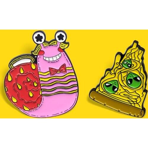 Pink Snail Brooches Snail Angel Monster Alien pizza Animal Enamel Pin Lapel Badges Jewelry Gift for Kids Friends