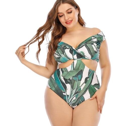 1 Piece Monokini Swimwear Womens Retro V-neck Bathing Suits High Waist Hollow Print Leaves Swimsuits One Piece Plus Size