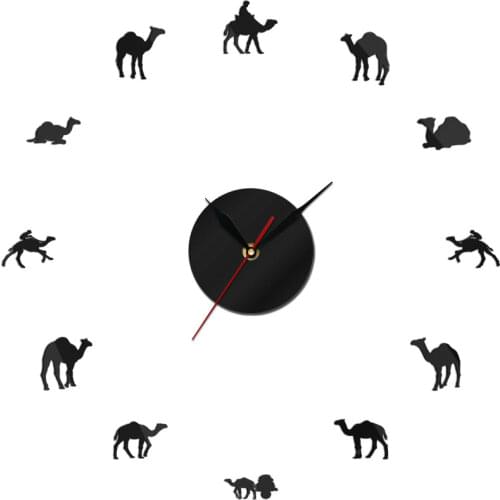 Dromedary Arabian Desert Spirit Animals Silent Quartz Wall Clock 3D Bedouin Camel Mirror Effect Quiet Sweep DIY Large Watch