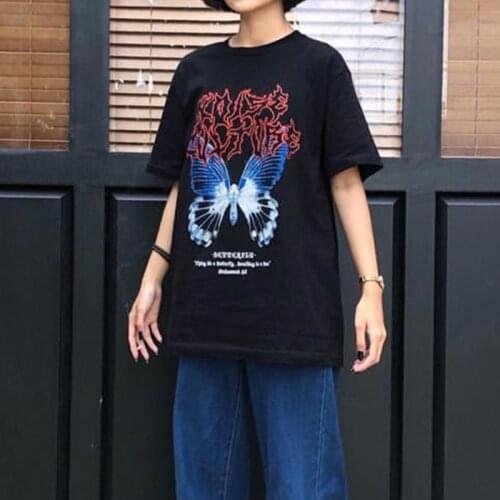 Hip Hop Summer Short Sleeve Streetwear T-shirt butterfly Print vintage clothes tshirt shirt diary Punk shirt Oversized Y2K top