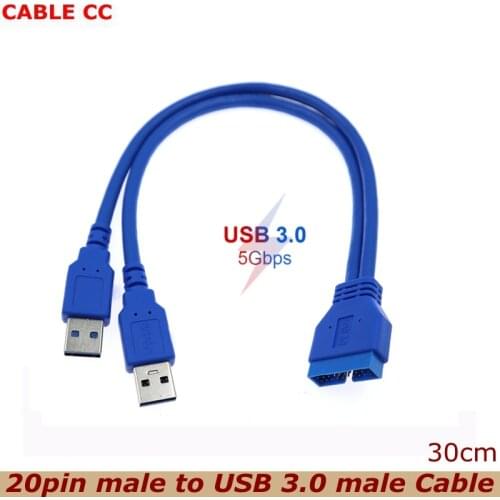 25cm dual 2-port USB3.0 USB 3.0 A male to motherboard 20Pin male cable computer host adapter 19-pin USB extension cable