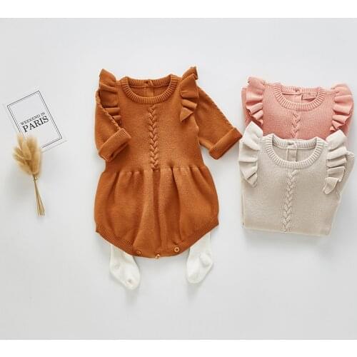 2020 Spring Infant Newborn Long Sleeve Solid Ruffled Jumpsuit Baby Girls Knitted Bodysuit Baby Spring Autumn Clothing