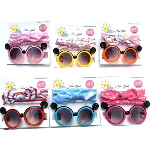 2Ps Baby Headband Mickey Mouse Sunglasses Set Summer Kids Head Bands Hairband For Girls Bows Printed Turban Baby Hair Accessorie