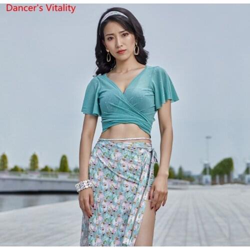 Belly Dance Suit V-Neck Sequins Top Banded Printing Split Skirt Practice Clothes Set Oriental Dancing Adult Performance Clothing