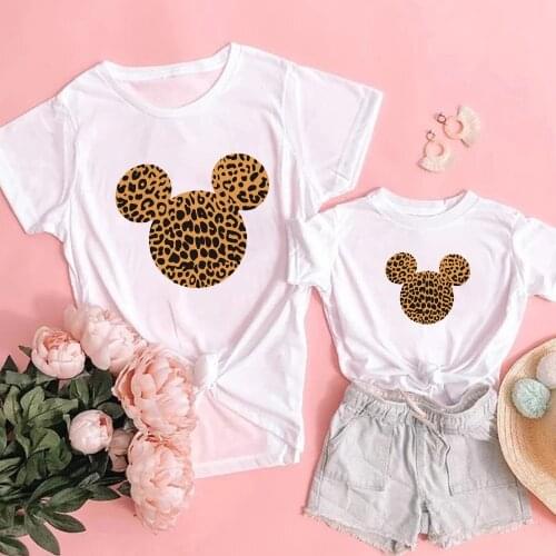 Cool Leopard Mickey Mouse T Shirt Family Matching Clothes Mommy And Me Summer Short Sleeve Kawaii Disney Tshirts Family Clothes