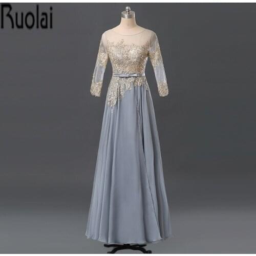 2017 New Arrival Charming Gold Lace Appliques Three Quarter Scoop Sleeves A Line Formal Long Evening Dresses Sash Evening Gown